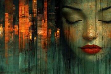 A serene portrait of a young woman with closed eyes, set against an abstract cityscape background in warm hues.