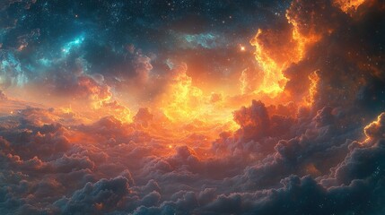 Fototapeta premium Fiery cloudscape, cosmic nebula, starry expanse.