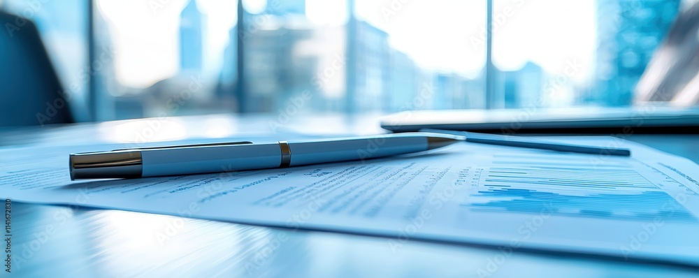 Poster a sleek pen rests on a stack of documents in a bright office setting, with a city skyline visible th