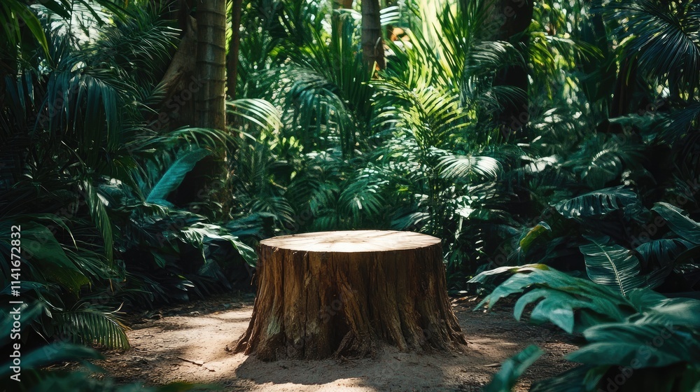 Poster wooden stump in the middle of a lush forest with tall trees, offering a beautiful, natural backdrop 