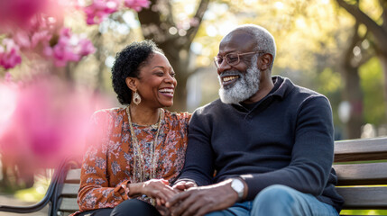 Joyful senior couple holding hands on park bench spring blossoms happy togetherness