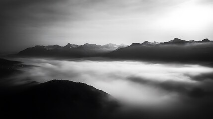 Fototapeta premium Monotone Mountain Landscape: A Dawn's Embrace in the Clouds. AI Generated