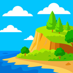 Colorful landscape with a sandy hill, rocky cliff, green trees, and clear blue sky