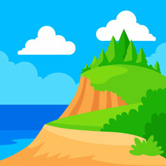 Colorful landscape with a sandy hill, rocky cliff, green trees, and clear blue sky