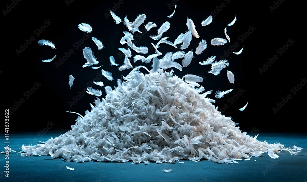 Poster White Feathers Cascading from a Pile Against a Dark Background