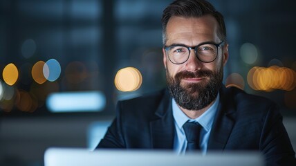 A focused professional with glasses smiles confidently while working at a laptop amid a softly lit office background.