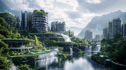 Obraz premium Futuristic Eco-City with Lush Greenery and Waterfalls