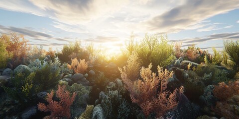 Naklejka premium Vibrant Underwater Coral Garden at Sunrise with Soft Cloudy Sky and Glowing Sunlight