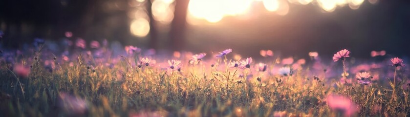 Fototapeta premium Radiant sun illuminates a field of vibrant flowers in full bloom sunkissed