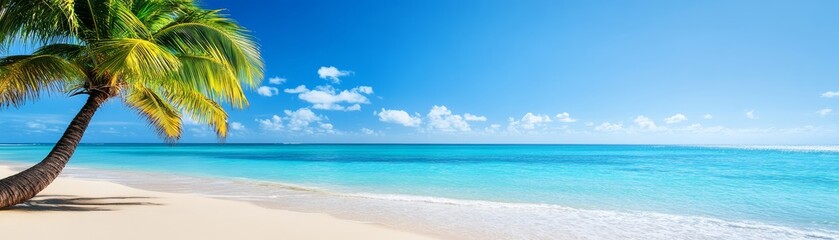 Fototapeta premium Serene tropical beach paradise, palm tree against a vibrant blue sky