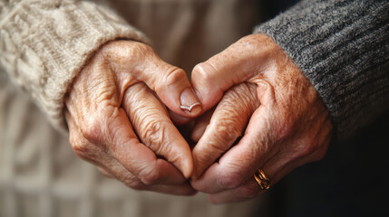Tender elderly couple hands forming heart symbol of enduring love and companionship