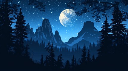 Serene Night Landscape with Stars and Moon over Mountain Silhouettes