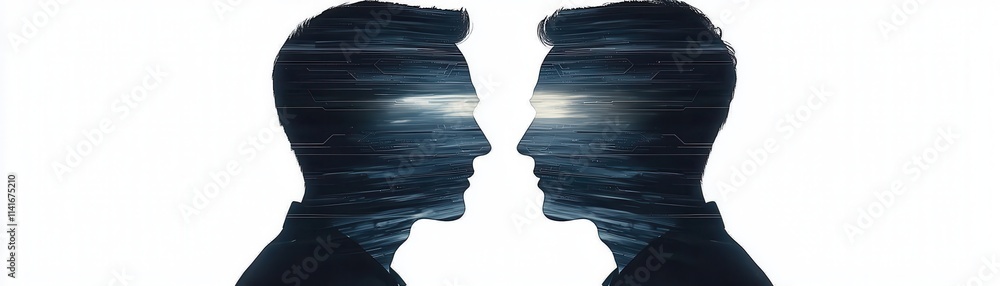 Poster two silhouetted faces confront each other, with abstract elements suggesting depth and introspection