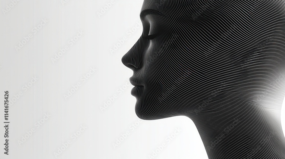 Poster a monochromatic profile of a stylized human head created from intricate line patterns, set against a