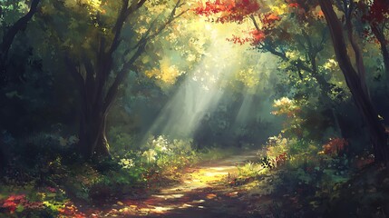 Fototapeta premium Sunlit Autumn Forest Path: Digital Painting of a Mystical Woodland Scene. AI Generated