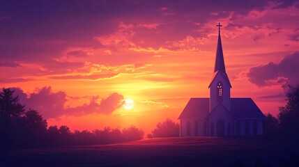 Fototapeta premium Serene Sunset Over Rustic Chapel Surrounded by Peaceful Landscape