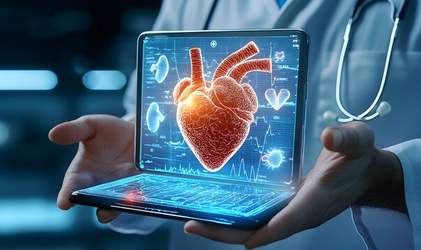 Medical Professional Holding Digital Heart Model with Data Visuals