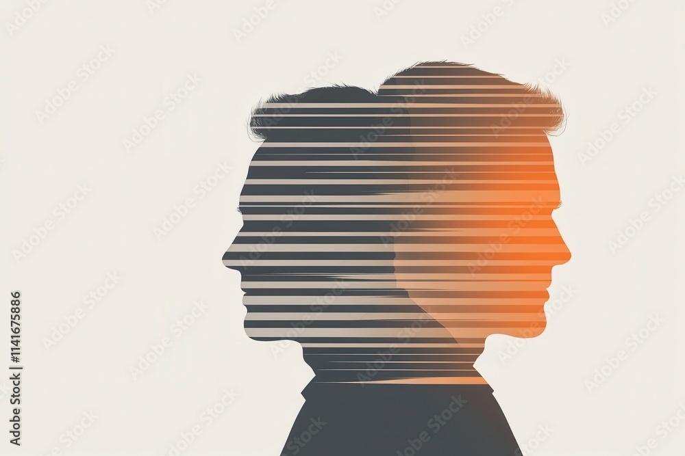 Aufkleber a creative illustration showing two profiles with striped patterns, symbolizing duality and percepti