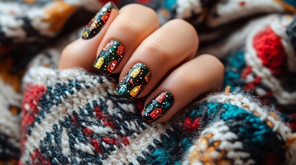 Colorful Winter Nail Art on Cozy Knitted Sweater Background