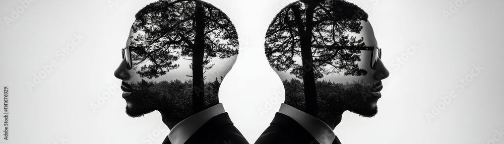Poster two profiles with tree silhouettes symbolize the connection between nature and human thought, reflec