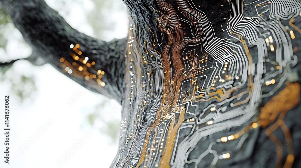 Poster a tree trunk with intricate circuit patterns, blending nature and technology.