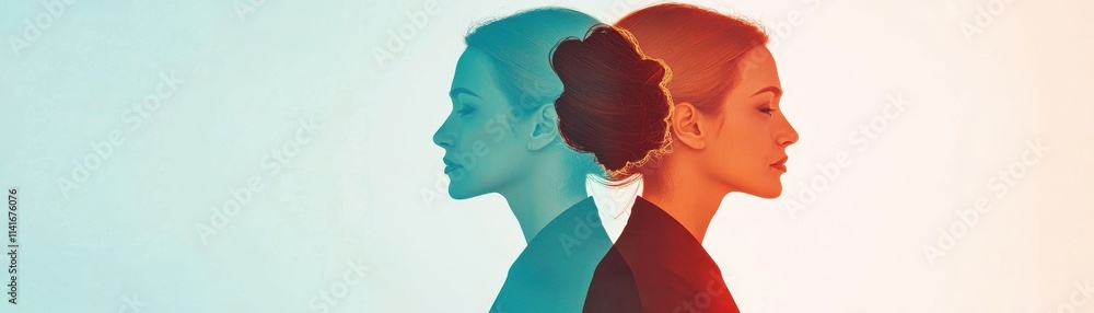 Aufkleber a creative split-image showcasing two women in profile with contrasting color tones, emphasizing dua