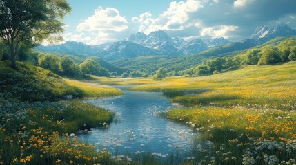 Obraz premium Serene mountain valley, wildflowers, stream.
