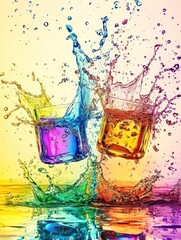 Colorful drinks splashing in a vibrant display of liquid motion and energy.