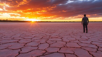 Person Standing on Cracked Earth Under Vivid Sunset Photo Wide Shot. AI Generated