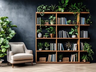 Library with books covered in plants and leaves with a chair next to wooden shelves of library