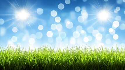 Obraz premium Vibrant green grass flourishing under a serene blue sky, tranquil nature backdrop