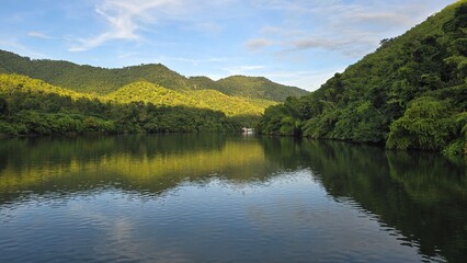 lake and mountains in kanchanaburi