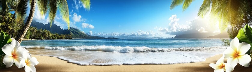 Fototapeta premium Idyllic tropical beach paradise, palm tree, white sand and crystalclear blue waters