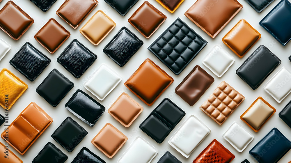Poster flat lay of various square-shaped containers in different colors and textures arranged in a diagonal