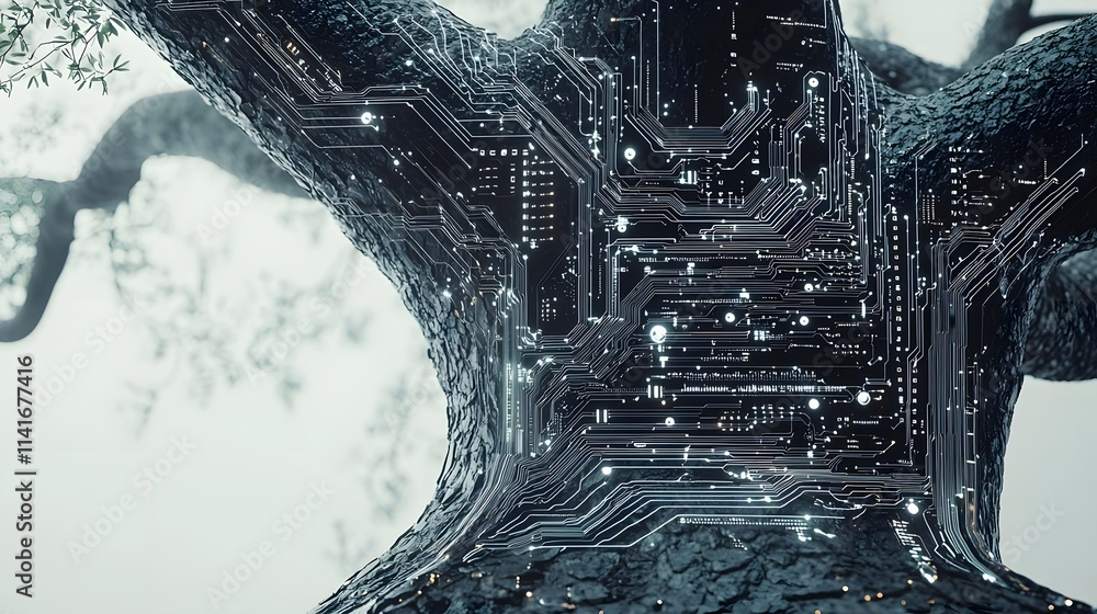 Poster a tree trunk integrated with circuit patterns, blending nature and technology.
