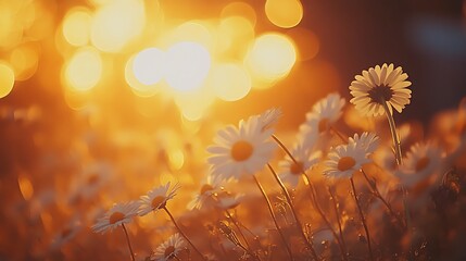 White and yellow daisy flowers view under warm evening sunlight, floral plants and flowers background image