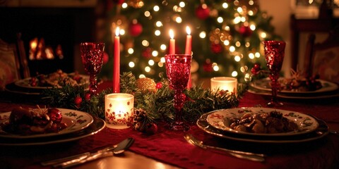 A festive Christmas dinner table with family, candles, and traditional holiday food.