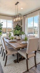 Fototapeta premium Contemporary dining room with elegant wood table and soft beige chairs