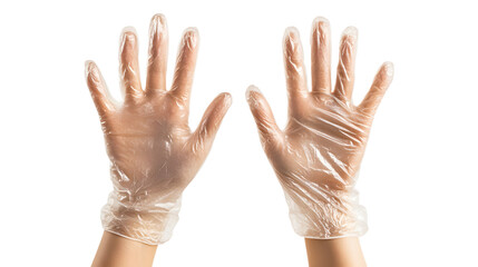 Close-up of hands wearing teal blue vinyl gloves, isolated on a transparent background