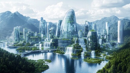 Naklejka premium Futuristic Eco-Friendly Cityscape Surrounded by Lush Green Nature