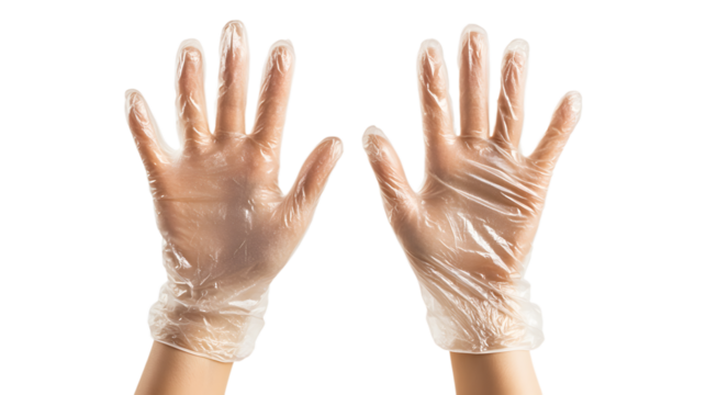 Close-up of hands wearing teal blue vinyl gloves, isolated on a transparent background