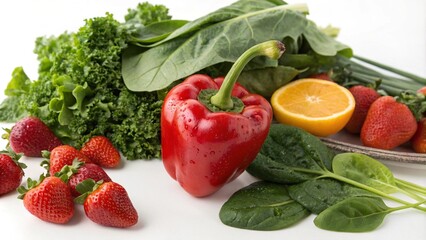 A set of healthy foods on a white background: vegetables, fruits and herbs. Dietary nutrition, vegetarianism
