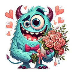 Naklejka premium Cartoon Monster in Love is a great choice for creating cards, invitations, party supplies and decorations. AI generated.