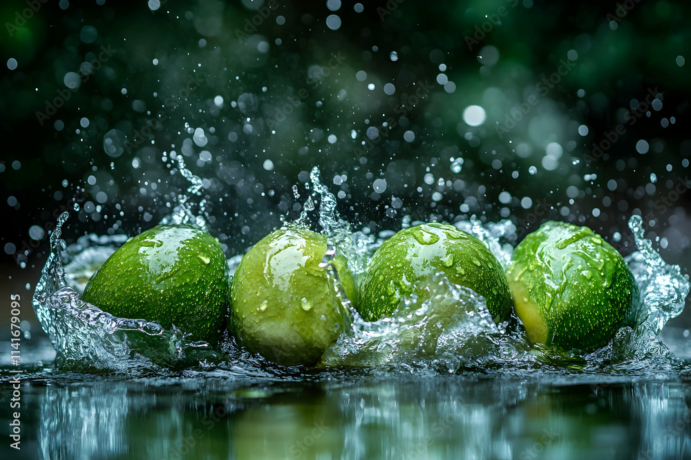Poster four limes splashing into water, creating dynamic droplets and ripples.