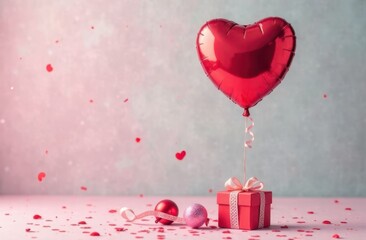 Close-up of a heart-shaped balloon, soft pastel background, surrounded by confetti, a small gift box. Space for text
