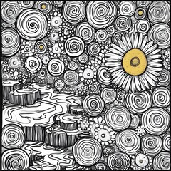 A vibrant and whimsical black-and-white artwork featuring bold, spiral patterns and a striking yellow-dotted daisy, evoking a sense of joy and creativity.