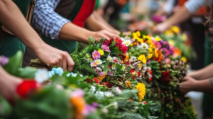 Obraz premium Vibrant Flower Market with Colorful Bouquets and Busy Customers