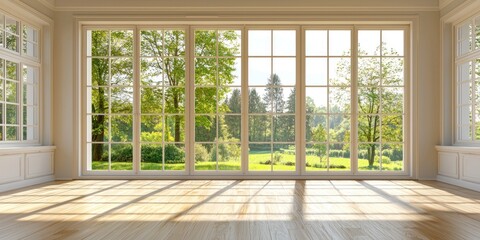 Fototapeta premium A large, clean window with a clear view of the outdoors in a bright living room.