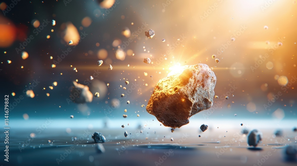 Poster a glowing asteroid floats in space, surrounded by smaller rocks, illuminated by radiant light, creat