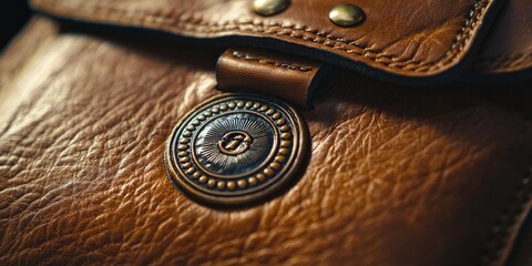 A luxury item, such as a leather handbag, with a quality seal embossed on it.